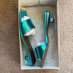 L'INTERVALLE Metallic Turquoise Kitten Heel Slide Sandals NWOT